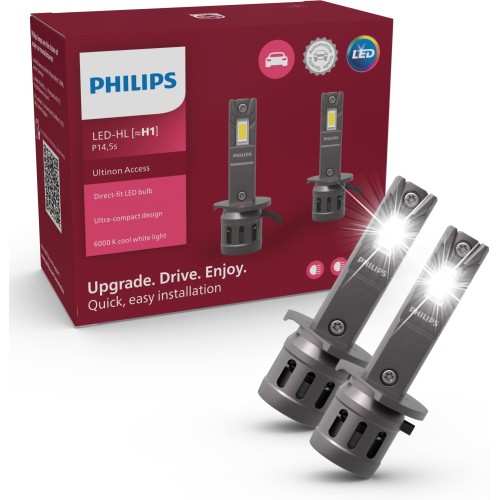 Philips Ultinon Access LED Headlight Bulb (H1), Ultra-Compact Direct-Fit, 80%, 6000K, Set of 2