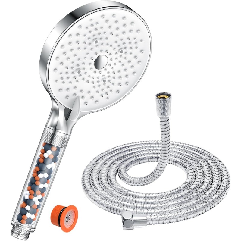 YEAUPE PRO Shower Head with Hose 1.6 m, Water-Saving Shower Head with Filter, Pressure Increasing Shower Head with 6 Jet Types, Large Shower Head (Diameter 130 mm), Hand Shower with Anti-Limescale