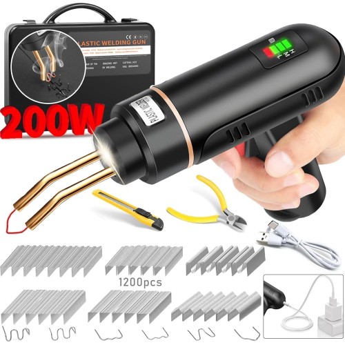 200 W Wireless Plastic Welding Machine, USB Rechargeable 5000 mAh Battery Plastic Welding Machine, Plastic Repair Kit with 1200 Pieces Hot Stapler, Portable Plastic Welding Set for Car Bumper