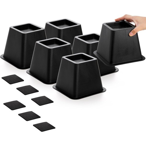 Mezchi Bed Risers 4 Inch Heavy Duty Bed Risers, Sturdy Furniture Risers, Perfect as Furniture Frame Lift, Table Risers, Couch Risers, Desk Risers, Black, 6 Pack