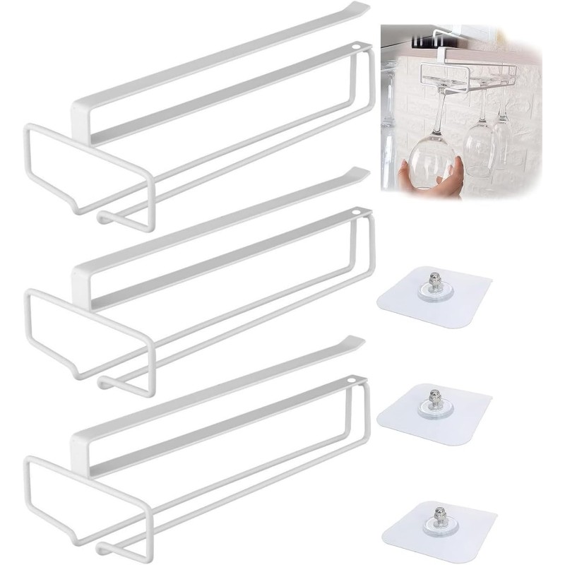 Laufunjoy Pack of 3 Wine Glasses Holder, Glass Holder for Wine Glasses, Stemware, Wine Glass Holder, Glass Holder, Metal Glass Rail Holder, Under Cabinet Wine Glass Rack for Kitchen, Bar, Restaurant,