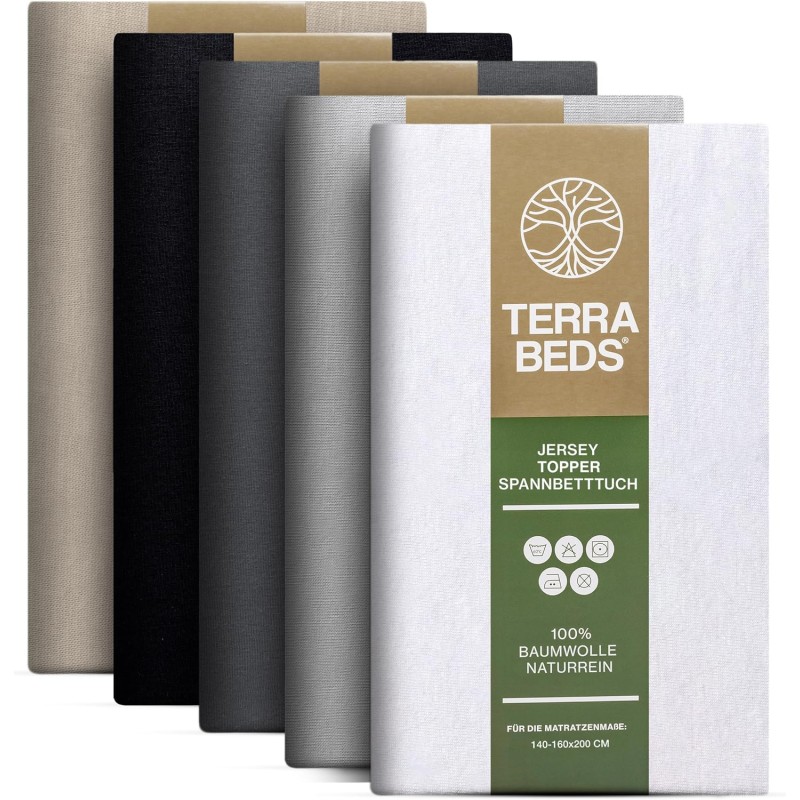 Terra Beds Premium Topper Fitted Sheet 140 x 200 cm, 160 x 200 cm, 160 g/m², 100% High-Quality Oeko-Tex Cotton Jersey Fitted Sheet for Box Spring Bed Topper, Available in 10 Colours