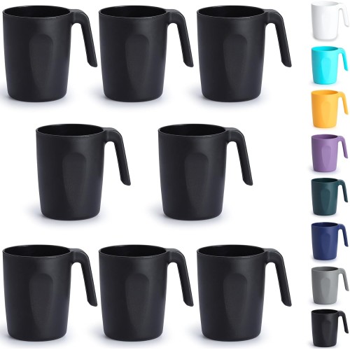Berglander Black Plastic Coffee Cups Set of 8 450 ml, Plastic Coffee Cups with Handles, Reusable, Water Cups, Easy to Carry, Ideal for Home, Garden, Picnic, Camping