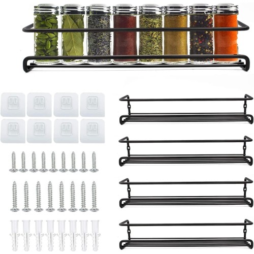 Pack of 4 Spice Rack Organiser, Wall Mounted, Spice Rack Shelves with Glue or Screw Mounted, Storage Bottles, Spice Organiser for Kitchen, Pantry, Cupboard Door