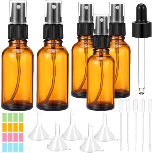 Litimkat Pack of 5 Brown Glass Spray Bottles, 2 x 50 ml, 3 x 30 ml Spray Bottles with Fine Mist, Small Perfume Atomiser with Filling Tool and Sticker, Reusable Atomiser Spray Bottle