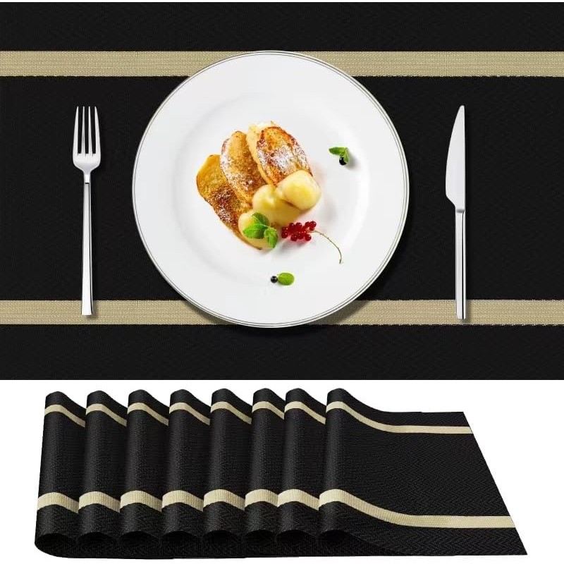 PullinTimes Set of 8 place mats, washable PVC, heat resistant, non-slip place mats, table mats, 30 x 45 cm place mats for kitchen (black)
