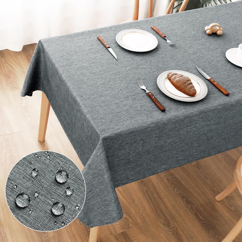 AooHome Washable Tablecloth, Grey Tablecloths, 100 x 140 cm, Linen Look, Polyester Tablecloth, Water-Repellent with Lotus Effect, Durable Scratch-Resistant for Living Room, Dining Room, Balcony,