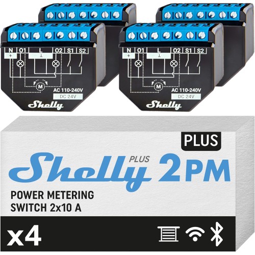Shelly Plus 2PM | WiFi 2 Channels Smart Relay Switch | Shutter Switch with Power Consumption Measurement | Home Automation | Google Home Alexa Accessories | iOS Android App (Pack of 4)