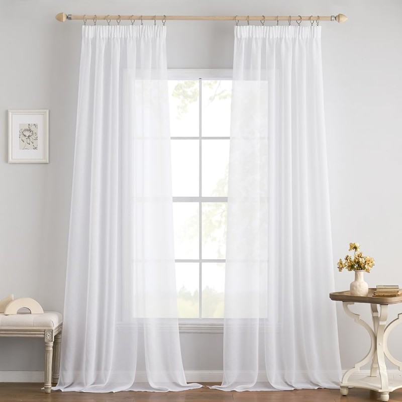 EMEMA Set of 2 Sheer Voile Curtains with Ruffle Tape, Transparent Voile, Polyester, Transparent, Living Room, Airy Decorative Curtain for Bedroom, 140 x 137 cm (W x H), White