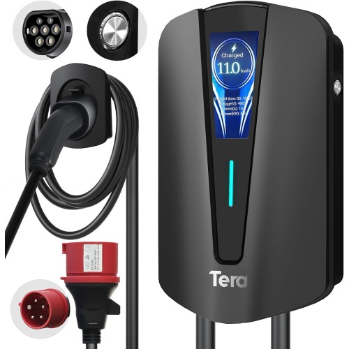 Tera EV Charger Type 2 11 KW Home Charging Station Wallbox Charging Cable Electric Car with Cable Holder Charging Cable 3-Phase CEE Plug 16A 5Pin Cable for EVs and PHEVs Q8 Black