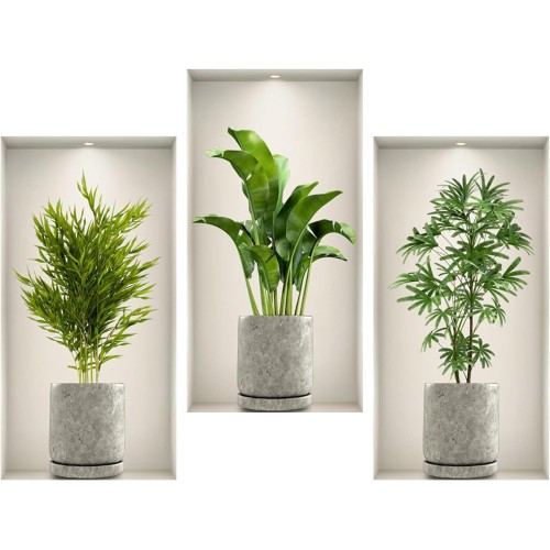 Fyihoxi Pack of 3 Wall Stickers Plants, 3D Wall Stickers with Green Plants, 45 x 23 cm, 3D Effect Wall Sticker Plants for Kitchen, Bedroom, Office, Wall Decoration