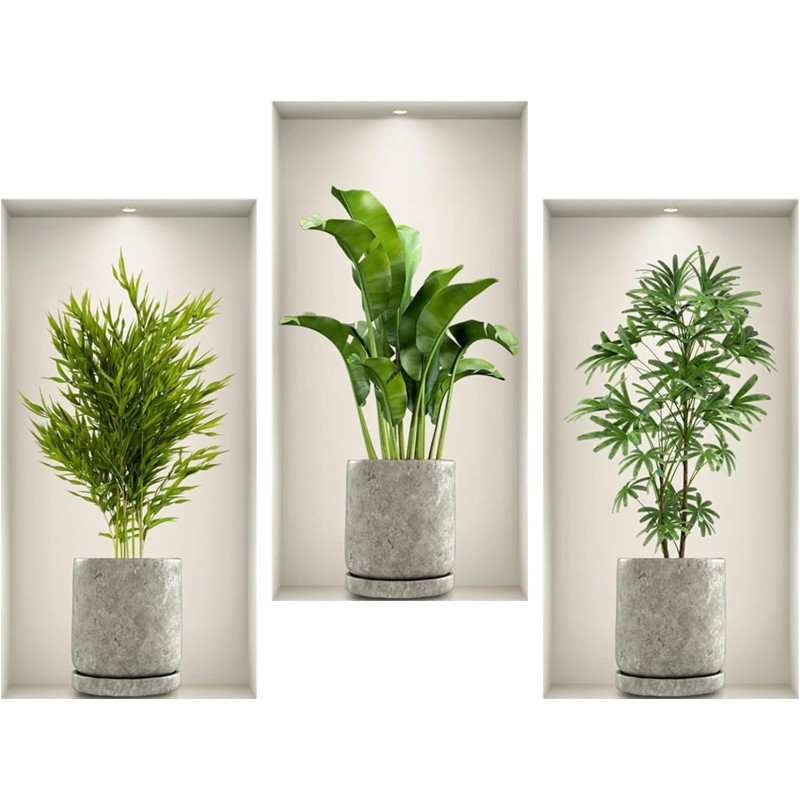 Fyihoxi Pack of 3 Wall Stickers Plants, 3D Wall Stickers with Green Plants, 45 x 23 cm, 3D Effect Wall Sticker Plants for Kitchen, Bedroom, Office, Wall Decoration