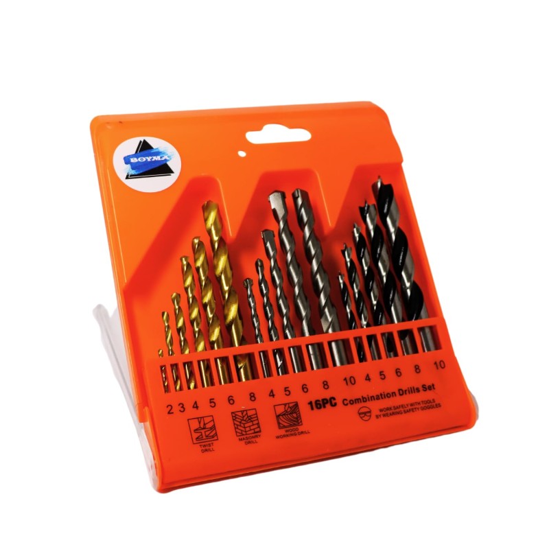 BOYMA -16 Piece Mixing Drill Set, 6 Cobalt Metal Bits, 5 Wall Bits, Concrete Drill, 5 Wood Drill Combination Bit Set, Assorted Stones