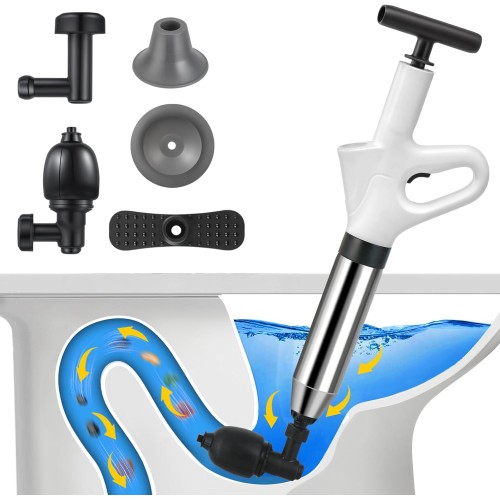 Почистващ препарат за тръби със сгъстен въздух, помпа за почистване на канали с индикатор за налягане и компресия на въздуха, почистващ препарат за тръби със сгъстен въздух с 4 вендузи за мивки, тоалетни, бани, душове, кухни