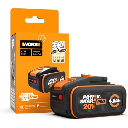 WORX WA3644 Original PowerShare Pro Battery 20 V - 4.0 Ah Li-Ion, Rechargeable, More Safety and Longer Running Time, with LED Display, Innovative Heatshield Technology, Suitable for All WORX Devices