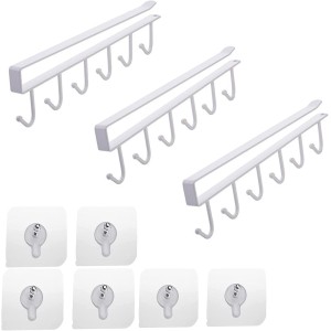 CANGCANG Cup Holder, 3 Pieces Kitchen Cabinet Organiser, Cupboard Insert, Cup Holder Hooks, No Drilling, 6 Hooks, Cup Hanging Cup Stand, for Hanging Cups, Coffee Cups, Mugs (White)