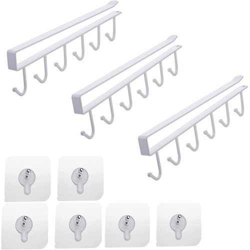 CANGCANG Cup Holder, 3 Pieces Kitchen Cabinet Organiser, Cupboard Insert, Cup Holder Hooks, No Drilling, 6 Hooks, Cup Hanging Cup Stand, for Hanging Cups, Coffee Cups, Mugs (White)