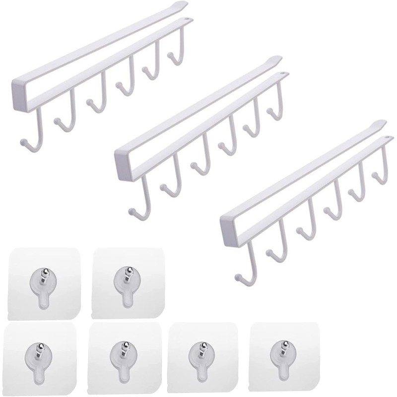 CANGCANG Cup Holder, 3 Pieces Kitchen Cabinet Organiser, Cupboard Insert, Cup Holder Hooks, No Drilling, 6 Hooks, Cup Hanging Cup Stand, for Hanging Cups, Coffee Cups, Mugs (White)