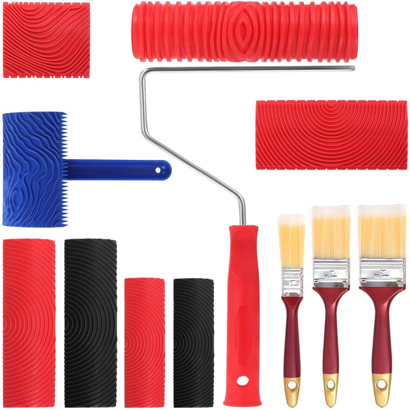 Faankiton 8 Pieces Wood Grain Painting Tool Set and 3 Pieces Paint Brushes, Rubber Wood Grain Tool, Wood Grain Painting Pattern Tool, Wood Grain for DIY Wall Room Decoration
