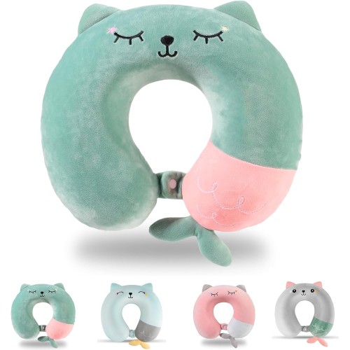 Apricitie Children's Neck Pillow, Adult Neck Pillow for Travel, 33 x 30 cm, Memory Foam Travel Pillow, Animal Travel Pillow, Aeroplane, Children's Neck Pillow, U-Shaped Neck Support Pillow (Green)
