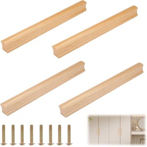 TESSTSY Pack of 4 Wooden Cabinet Handles, Furniture Handles, Wood, 192 mm Hole Spacing, Wooden Handles for Cabinets, Wooden Handles Kitchen Cupboards, Wood Handles Furniture Solid, with 8 Screws, for