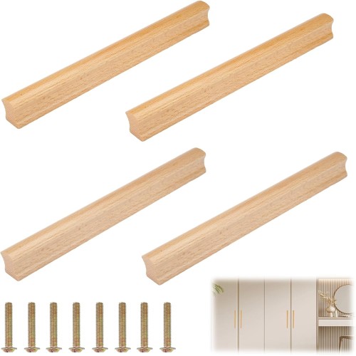 TESSTSY Pack of 4 Wooden Cabinet Handles, Furniture Handles, Wood, 192 mm Hole Spacing, Wooden Handles for Cabinets, Wooden Handles Kitchen Cupboards, Wood Handles Furniture Solid, with 8 Screws, for