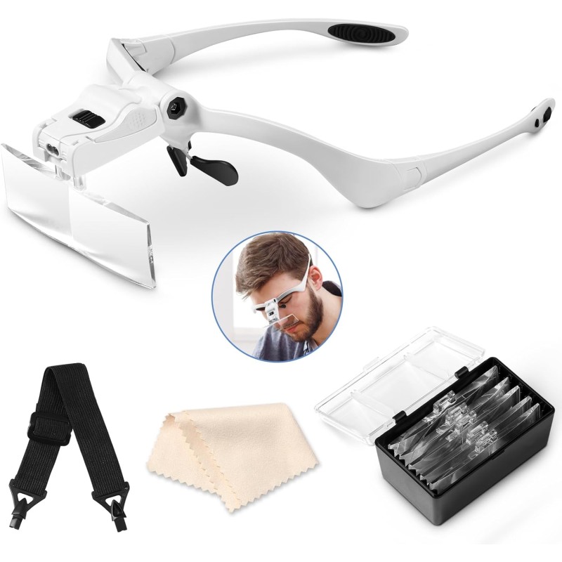Vinabo Headband Magnifier with LED Light, Head Magnifier with - 5 Detachable Lenses (1.0x1.5x2.0x2.5x3.5x) for All Precision Works, Reading, Jeweler, Embroidery, Sewing, Jewelry