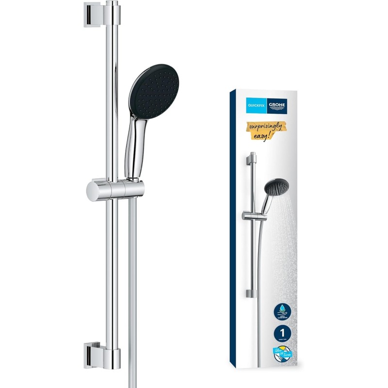 GROHE Vitalio 110 27942001 Water-Saving Shower Set, 8 Litres per Min (Shower Rail Set with 1 Jet Type Shower Head, 1.75 m Hose, Shower Rail 60 cm, for Gluing or Drilling, No Glue), Round, Chrome