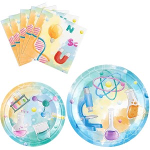 WERNNSAI Scientific Party Supplies Set - 48 Pieces Science Party Tableware Scientist Dinner Dessert Plates Napkins Chemistry Birthday Decorations for 16 Guests Lab Party Decor