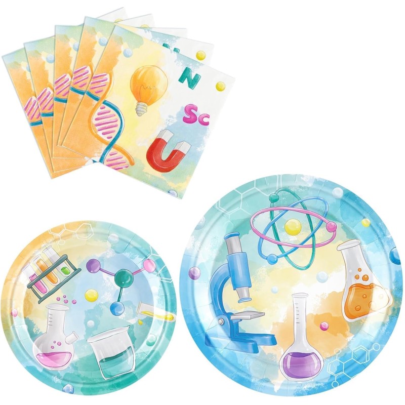 WERNNSAI Scientific Party Supplies Set - 48 Pieces Science Party Tableware Scientist Dinner Dessert Plates Napkins Chemistry Birthday Decorations for 16 Guests Lab Party Decor