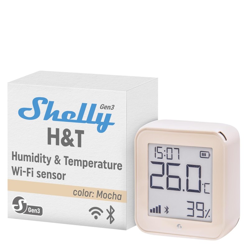 Shelly H&T Gen3 Mokka | WiFi Smart Temperature and Humidity Sensor | Remote Control | Smart Scenes | Notifications | Data Storage | No Hub Required | Alexa & Google Home