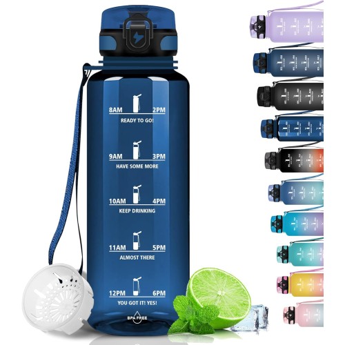 Grsta Sports Water Bottle, 1.5 Litres, BPA-Free, Suitable for Carbonated Drinks, Leak-Proof, Water Bottle with Filter and Time Marking for Gym, School, Office and Outdoor Use