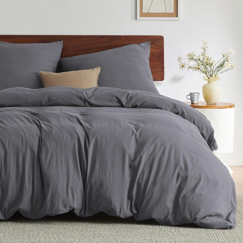 BEDSURE Bed Linen 155 x 220 cm 3-Piece Anthracite, Soft Prewashed Cotton-Like Oeko-Tex Bed Linen Set, Grey, 1 Duvet Cover 155 x 220 cm with Zip and 2 Pillowcases 80 x 80 cm