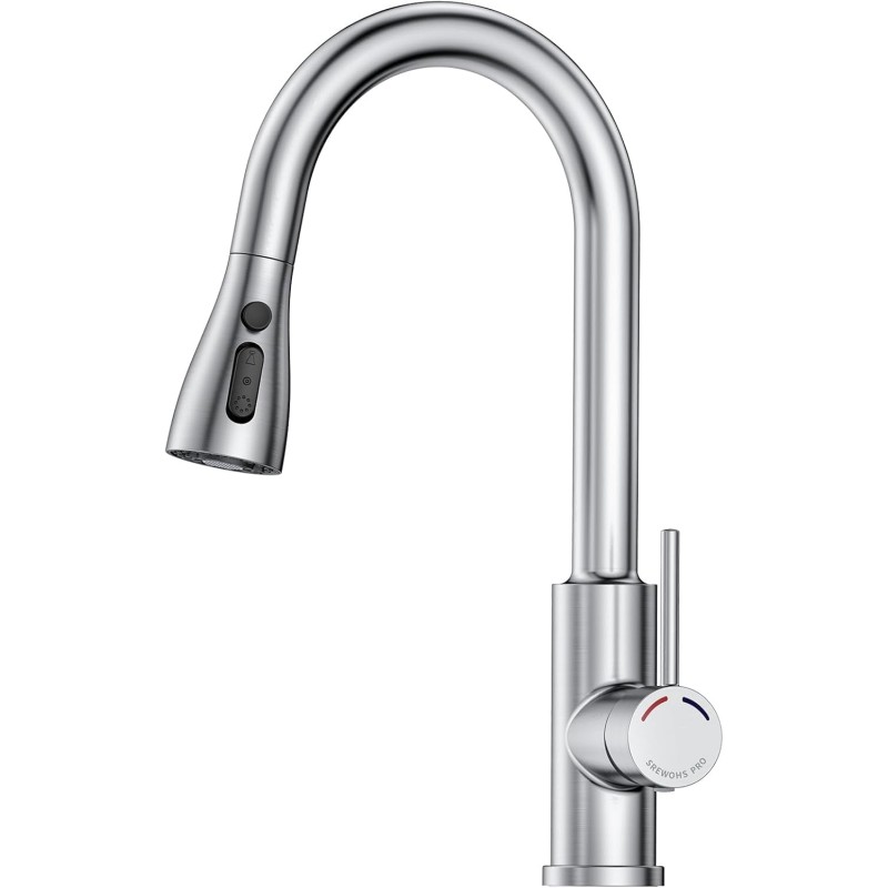 SREWOHS PRO Kitchen Sink Tap with Extendible Shower - High Pressure Kitchen Tap Mixer Tap 360° Rotation, Stainless Steel Flexible Sink Tap for Kitchen, 1 Hole Tap with 4 Spray Functions