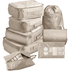 8-Piece Garment Bags Set, Packing Cubes, Compression Packing Bags for Backpack and Suitcase, Luggage Organiser, Suitcase Organiser, Travel Garment Bags for Clothes, Shoes, Underwear, Cosmetics, Khaki