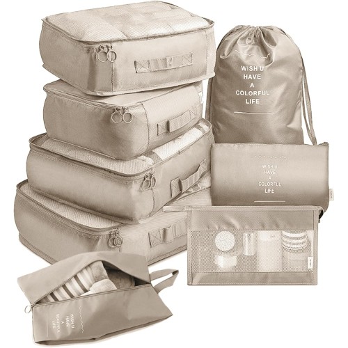 8-Piece Garment Bags Set, Packing Cubes, Compression Packing Bags for Backpack and Suitcase, Luggage Organiser, Suitcase Organiser, Travel Garment Bags for Clothes, Shoes, Underwear, Cosmetics, Khaki