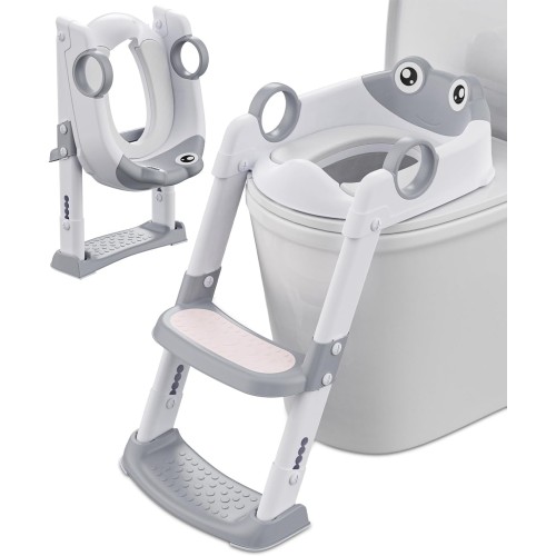 Детска тоалетна седалка със стъпала, тоалетна седалка за момчета и момичета, регулируема по височина и сгъваема, тоалетна седалка с подложка, предпазна преграда и противоплъзгаща се стъпка (бяла/сива)