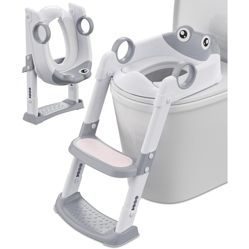 Детска тоалетна седалка със стъпала, тоалетна седалка за момчета и момичета, регулируема по височина и сгъваема, тоалетна седалка с подложка, предпазна преграда и противоплъзгаща се стъпка (бяла/сива)