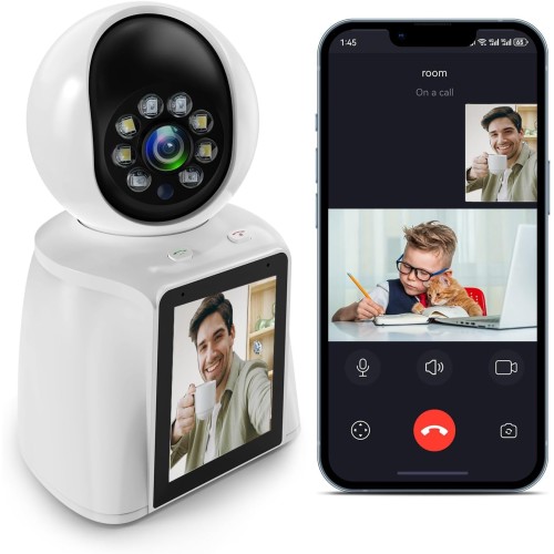 DIDseth Indoor Surveillance Camera with 2.8 Inch Screen, 2K 3MP Camera Indoor Surveillance, 360 Degree WiFi Camera, Two-Way Video, Dog Camera, Pet Camera with App, One Touch Call (White)