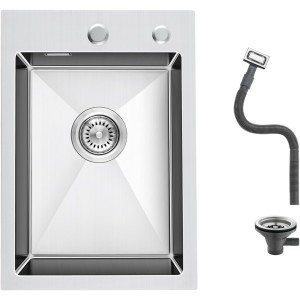 OUGOO 304 Stainless Steel Sink, 35 x 50 cm, Classic Built-in Sink with Holes, Rectangular Kitchen Sink with Strainer Basket Valve and Overflow, 1 Bowl Kitchen Sink for 35 cm Base Cabinet, Brushed