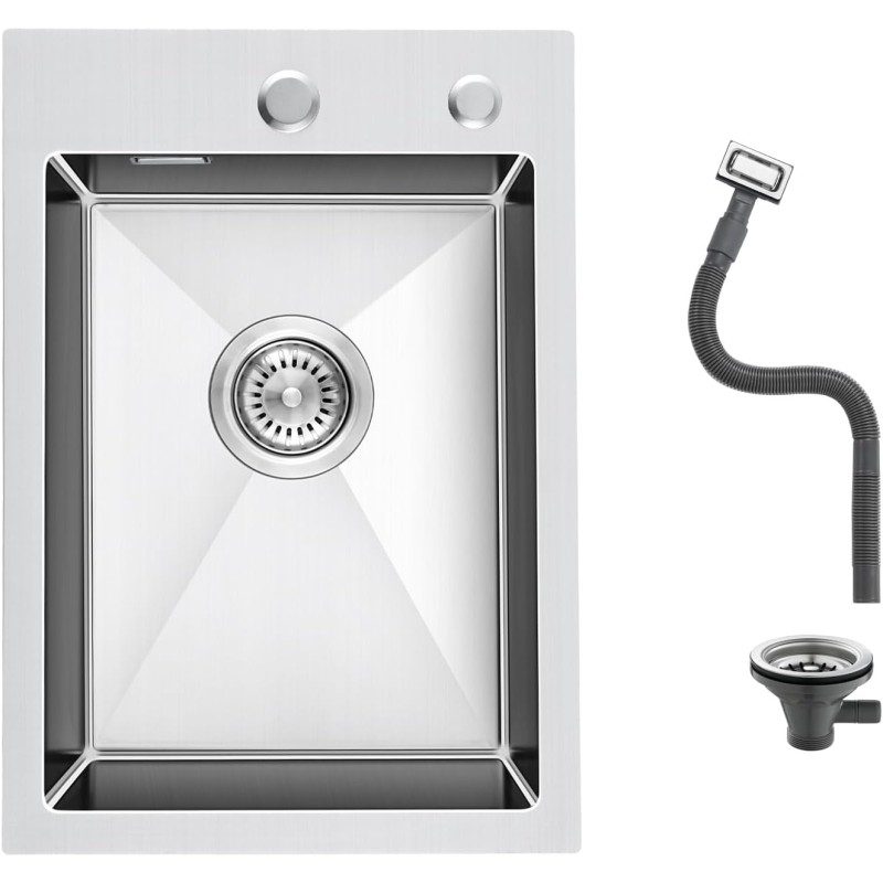 OUGOO 304 Stainless Steel Sink, 35 x 50 cm, Classic Built-in Sink with Holes, Rectangular Kitchen Sink with Strainer Basket Valve and Overflow, 1 Bowl Kitchen Sink for 35 cm Base Cabinet, Brushed