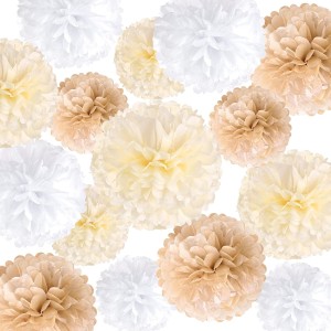 SUNBEAUTY Party Decoration Pompoms – Pack of 15 Beige Brown White Tissue Paper Pompoms for Wedding, Table Decoration Birthday, Baby Shower Decoration, Prom, Festival, Christmas, Carnival