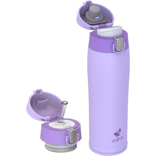 AORIN Drinking Bottle Stainless Steel 18/8, 500 ml, Leak-Proof Thermos Flask, Double-Walled with 2 Lids, BPA-Free Sports Bottle, Drinking Bottles for Sports, School, Outdoor