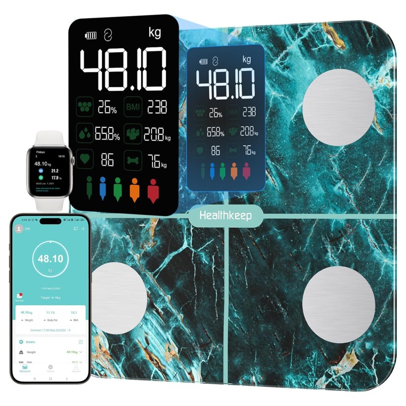 Body Fat Scales Personal Scales People with Body Fat and Muscle Mass 15 Body Data Body Scales with Body Fat Analysis, Smart Scales with App, Large Display, Iridescent Marble Green