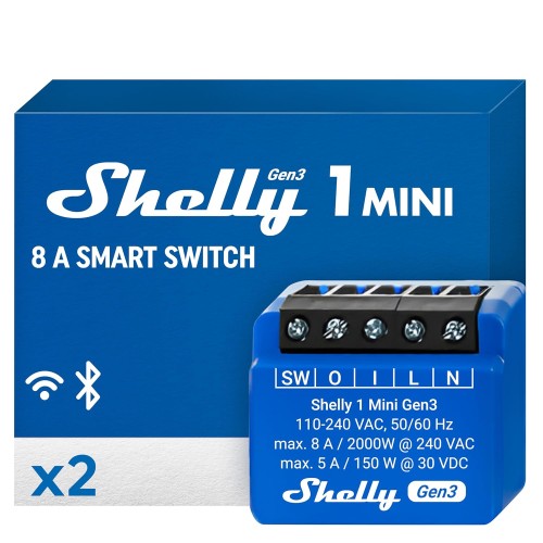 Shelly 1 Mini Gen3 WiFi Smart Relay Switch with Potential-Free Contacts 1 Channel 8A Light Control Alexa and Google Home Home Home Automation iOS Android App No Hub Required (Pack of 2)