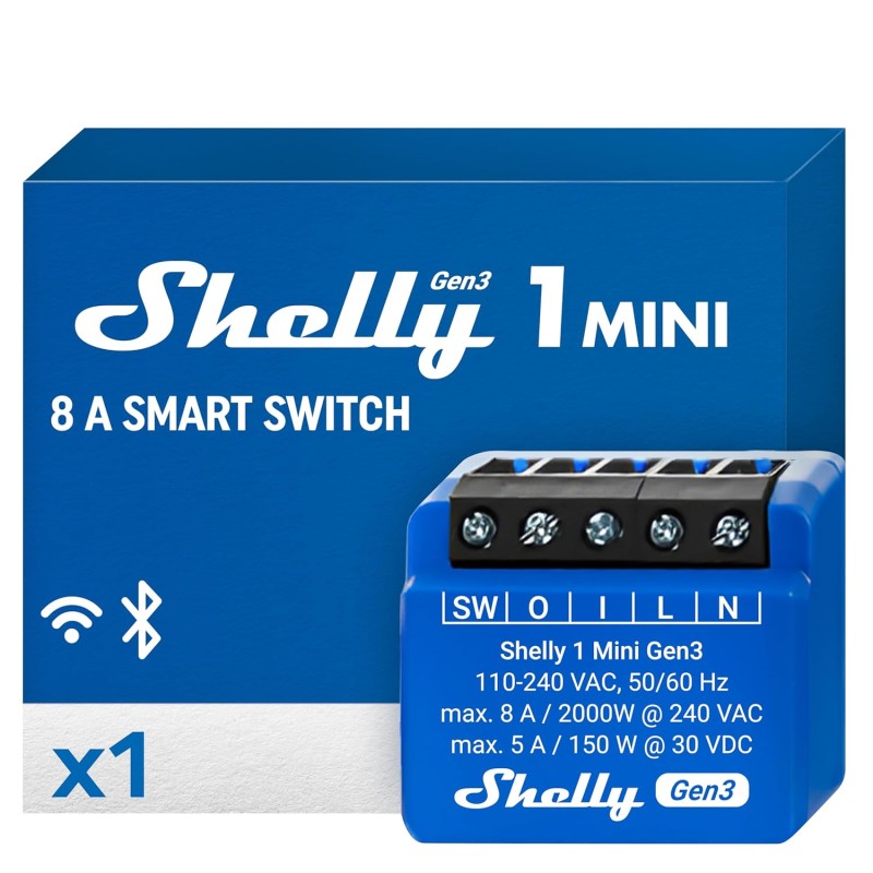 Shelly 1 Mini Gen3 WiFi Smart Relay Switch с потенциално свободни контакти 1 канал 8A Управление на осветлението и отваряне на гаражната врата Alexa и Google Home iOS Android приложение Не се изисква хъб