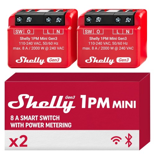 Shelly 1PM Mini Gen3 WiFi Smart Relay Switch 1 канал 8A измерване на тока Светлинен превключвател Домашна автоматизация Alexa & Google Home iOS Android приложение Не се изисква хъб (опаковка от 2 броя)