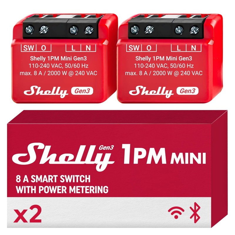 Shelly 1PM Mini Gen3 WiFi Smart Relay Switch 1 канал 8A измерване на тока Светлинен превключвател Домашна автоматизация Alexa & Google Home iOS Android приложение Не се изисква хъб (опаковка от 2 броя)