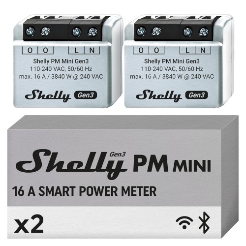 Shelly PM Mini Gen 3, Intelligent WiFi and Bluetooth Power Meter 1 Channel 16 A, Home Automation, Compatible with Alexa and Google Home, iOS Android App, No Hub Required (Pack of 2)