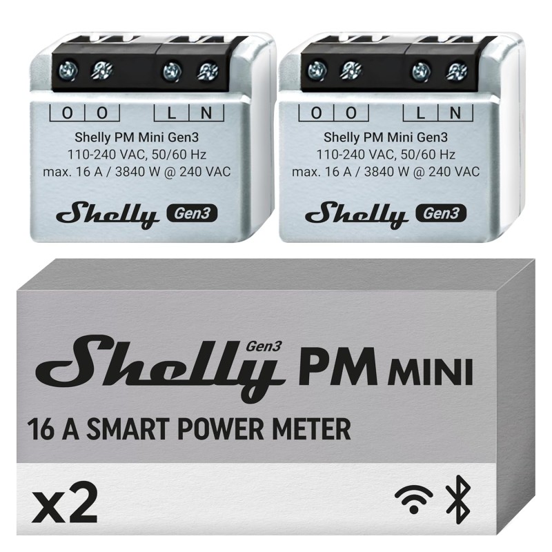Shelly PM Mini Gen 3, Intelligent WiFi and Bluetooth Power Meter 1 Channel 16 A, Home Automation, Compatible with Alexa and Google Home, iOS Android App, No Hub Required (Pack of 2)